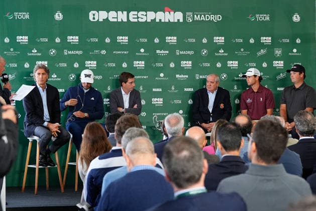 October 6, 2026, Madrid, Madrid, Spain: Angel Ayora, Gerard Tsobanian, CEO of the Open de Espao±a, Juan Guerrero-Burgos, Royal Spanish Golf Federation, Jose Luis Martinez-Almeida, Mayor of Madrid, Marco Penge and Patrick Reed attend during the presentation of the Open de Espao±a 2026 presented by Madrid at the Real Club de Campo Villa de Madrid on October 06, 2026 in Madrid, Spain. Madrid Spain - ZUMAa181 20261006_zaa_a181_050 Copyright: xDennisxAgyemanx