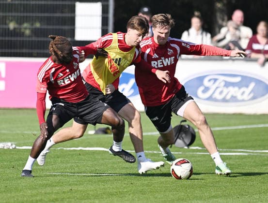 September 6, 2026, xophax, Soccer, Bundesliga 1, 1. FC Köln Training at the Geissbockheim. From left to right: Gideon Mensah, Mikey Moore, and Marius Bülter—all of 1. FC Köln.