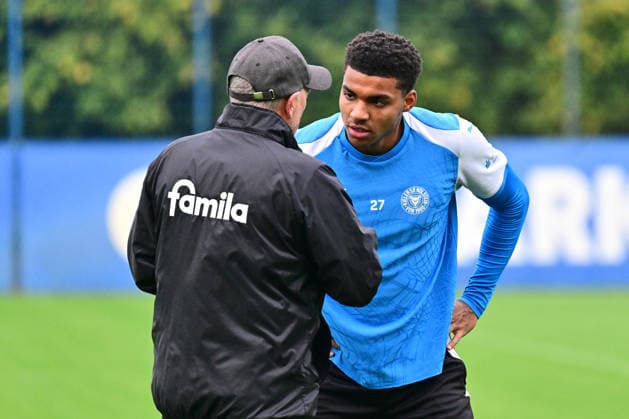 October 6, 2026, Soccer, Men s, 2nd Division Bundesliga, 2026–2027 Season, Holstein Kiel Practice, KSV Ikem Ugoh with Assistant Coach Dirk Bremser in Kiel, near Holstein Stadium Projensdorf, Training Center, Northern Schleswig-Holstein, Germany