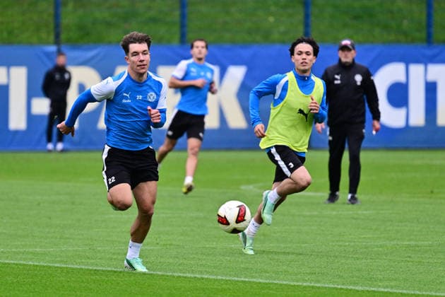October 6, 2026, Soccer, Men s, 2nd Bundesliga, 2026–2027 Season, Holstein Kiel Practice, KSV Moritz Reimers with the ball in front of Taisei Abe in Kiel, near Holstein Stadium Projensdorf, Training Center, Northern Schleswig-Holstein, Germany