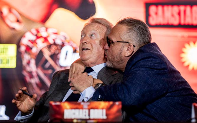 Düsseldorf, Germany, Oct. 6, 2026: Frank Warren (promoter) and Spencer Brown (manager) hold a press conference for Agit Kabayel (GER) vs. Nelson Hysa (ALB) on Oct. 6, 2026