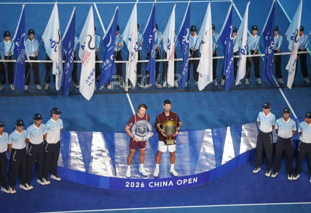 (261006) -- BEIJING, Oct. 6, 2026 -- Winner Novak Djokovic (R) of Serbia and runner-up Alex de Minaur of Australia pose for photos during the awarding ceremony for the men s singles final at 2026 China Open tennis tournament in Beijing, China, Oct. 6, 2026. (Photo by Xinhua) (SP)CHINA-BEIJING-TENNIS-CHINA OPEN-MEN S SINGLES-AWARDING CEREMONY(CN) MaxZihan 