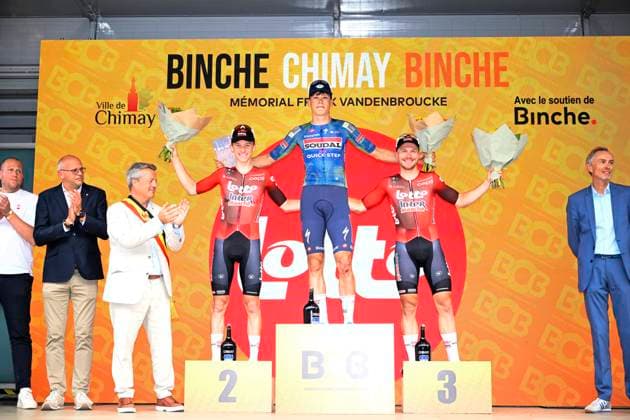 Binche Chimay Binche 2026 Cycling Race BINCHE, BELGIUM - OCTOBER 06 : Berckmoes Jenno (BEL) of Lotto Intermarche, Magnier Paul (FRA) of Soudal Quick Step and Taminaux Lionel (BEL) of Lotto Intermarche pictured during the podium ceremony after the 38th edition of Binche Chimay Binche an UCI Class 1.1 one day cycling road race for Men Elite of 206,8 km with start in Binche and finish in Binche on October 6, 2026 in Binche, Belgium, 06 10 2026 Binche Belgium  Copyright: xNicoxVereeckenx