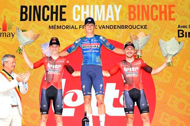 Binche Chimay Binche 2026 Cycling Race BINCHE, BELGIUM - OCTOBER 06 : Berckmoes Jenno (BEL) of Lotto Intermarche, Magnier Paul (FRA) of Soudal Quick Step and Taminaux Lionel (BEL) of Lotto Intermarche pictured during the podium ceremony after the 38th edition of Binche Chimay Binche an UCI Class 1.1 one day cycling road race for Men Elite of 206,8 km with start in Binche and finish in Binche on October 6, 2026 in Binche, Belgium, 06 10 2026 Binche Belgium  Copyright: xNicoxVereeckenx
