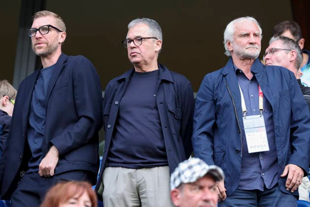 Per Mertesacker, Managing Director of Germany, and Rudi Völler, Director of the German National Team, look on during the UEFA Under-21 EURO qualifier between Germany U21 and Georgia U21 at Almstadion on October 6, 2026 in Bielefeld, Germany. Photo by Marco Steinbrenner, DeFodi Images