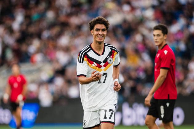 U-21 European Championship Qualifier: Germany vs. Georgia, October 6, 2026. GOAL CELEBRATION: Noah Darvich (Germany), 17, scores the 1-0 goal for Germany. Soccer, U-21 European Championship Qualifier, Matchday 10: Germany vs. Georgia on October 6, 2026, Bielefeld DFB REGULATIONS PROHIBIT ANY USE OF PHOTOGRAPHS AS IMAGE SEQUENCES AND OR QUASI-VIDEO Copyright: xBEAUTIFULxSPORTS Tonhäuserx