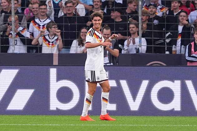 October 6, 2026, xydrx, Men s, Soccer, International Match, U21, European Championship Qualifiers, Germany vs. Georgia, 2026–2027 Season, Schüco Arena: Celebrations after Germany’s 1–0 goal scored by Noah Darvich (GER), 17. DFB regulations prohibit any use of photographs as image sequences and or quasi-video. Copyright: HMBxMedia YannisxDreimann
