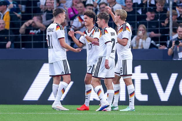 October 6, 2026, Soccer, U21 International Match, Germany vs. Georgia, 2027 U21 European Championship Qualifiers, Almstadion Bielefeld: Goal celebration after the 1–0 goal by scorer Noah Darvich (U21 GER 17) together with Elias Baum (U21 GER 02), Aljoscha Kemlein (U21 GER 16), and Dzenan Pejcinovic (U21 GER 11) DFB regulations prohibit any use of photographs as image sequences and or quasi-video in North Rhine-Westphalia, Germany