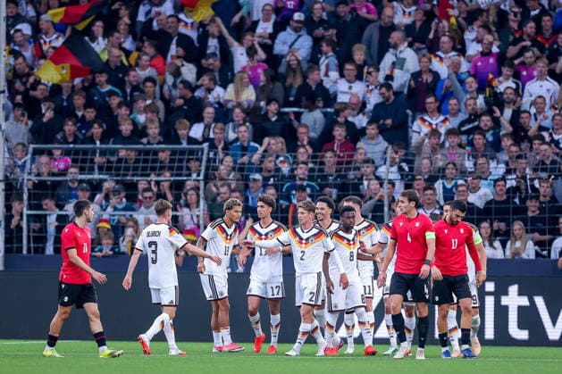 October 6, 2026, Soccer, U21 International Match, Germany vs. Georgia, 2027 U21 European Championship Qualifiers, Almstadion Bielefeld: Goal celebration after the 1–0 goal by scorer Noah Darvich (U21 GER 17) together with Elias Baum (U21 GER 02), Aljoscha Kemlein (U21 GER 16), and Dzenan Pejcinovic (U21 GER 11) DFB regulations prohibit any use of photographs as image sequences and or quasi-video in North Rhine-Westphalia, Germany