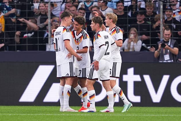 October 6, 2026, xydrx, Men s, Soccer, International Match, U21, European Championship Qualifiers, Germany vs. Georgia, 2026–2027 Season, Schüco Arena: Goal celebration after Germany’s 1–0 goal scored by Noah Darvich (GER, 17), along with Elias Baum (GER, 2) and Aljoscha Kemlein (GER, 16). DFB regulations prohibit any use of photographs as image sequences and or quasi-video. Copyright: HMBxMedia YannisxDreimann
