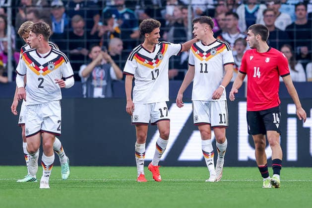 October 6, 2026, Soccer, U21 International Match, Germany vs. Georgia, 2027 U21 European Championship Qualifiers, Almstadion Bielefeld: Goal celebration after the 1–0 goal by scorer Noah Darvich (U21 GER 17) together with Elias Baum (U21 GER 02), Aljoscha Kemlein (U21 GER 16), and Dzenan Pejcinovic (U21 GER 11) DFB regulations prohibit any use of photographs as image sequences and or quasi-video in North Rhine-Westphalia, Germany