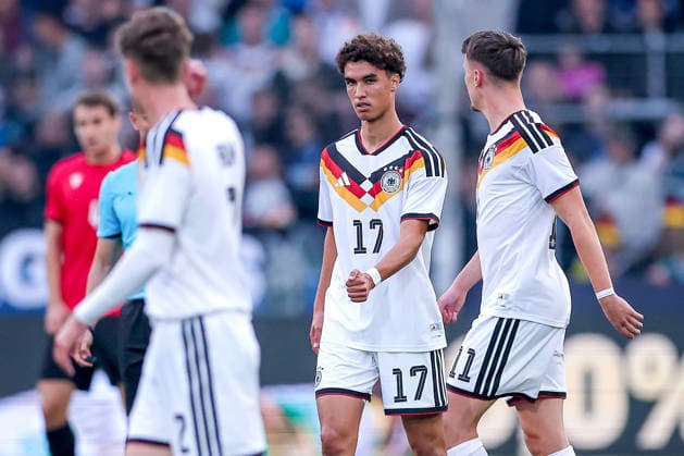 October 6, 2026, Soccer, U21 International Match, Germany vs. Georgia, 2027 U21 European Championship Qualifiers, Almstadion Bielefeld: Celebrations after the 1–0 goal by Noah Darvich (U21 GER 17), together with Elias Baum (U21 GER 02) and Dzenan Pejcinovic (U21 GER 11). DFB regulations prohibit any use of photographs as image sequences and or quasi- video North Rhine-Westphalia, Germany