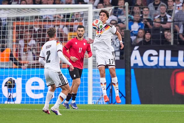 October 6, 2026, xydrx, Men s, Soccer, International Match, U21, European Championship Qualifiers, Germany vs. Georgia, 2026–2027 Season, Schüco Arena Elias Baum GER, 2, and Noah Darvich GER, 17, Akaki Giunashvili GEO, 17. DFB regulations prohibit any use of photographs as image sequences and or quasi-video Copyright: HMBxMedia YannisxDreimann