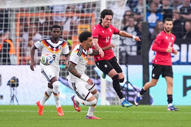October 6, 2026, xydrx, Men s, Soccer, International Match, U21, European Championship Qualifiers, Germany vs. Georgia, 2026–2027 Season, Schüco Arena: Francis Onyeka (GER), 20, in a tackle against Halid Doltmourziev (GEO), 13. DFB regulations prohibit any use of photographs as image sequences and or quasi-video. Copyright: HMBxMedia YannisxDreimann