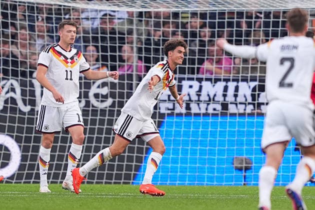 October 6, 2026, xydrx, Men s, Soccer, International Match, U21, European Championship Qualifiers, Germany vs. Georgia, 2026–2027 Season, Schüco Arena: Celebration after Germany’s 1–0 goal scored by Noah Darvich (GER), 17, alongside Dzenan Pejcinovic (GER), 11. DFB regulations prohibit any use of photographs as image sequences and or quasi-video. Copyright: HMBxMedia YannisxDreimann