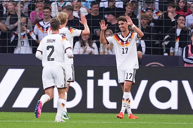 October 6, 2026, xydrx, Men s, Soccer, International Match, U21, European Championship Qualifiers, Germany vs. Georgia, 2026–2027 Season, Schüco Arena: Goal celebration after Germany’s 1–0 goal scored by Noah Darvich (GER, 17), along with Elias Baum (GER, 2) and Aljoscha Kemlein (GER, 16). DFB regulations prohibit any use of photographs as image sequences and or quasi-video. Copyright: HMBxMedia YannisxDreimann