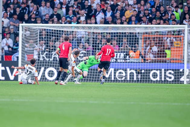 October 6, 2026, Soccer, U21 International Match, Germany vs. Georgia, 2027 U21 European Championship Qualifiers, Almstadion Bielefeld, shot on goal, goal—1–0 by Noah Darvich (U21 GER 17). DFB regulations prohibit any use of photographs as image sequences and or quasi-video. North Rhine-Westphalia, Germany