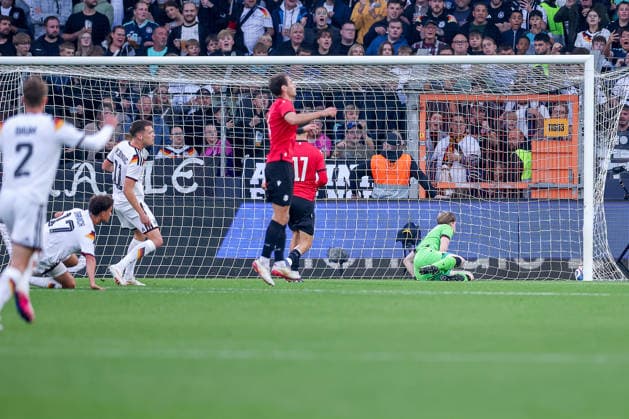 October 6, 2026, Soccer, U21 International Match, Germany vs. Georgia, 2027 U21 European Championship Qualifiers, Almstadion Bielefeld, shot on goal, goal—1–0 by Noah Darvich (U21 GER 17). DFB regulations prohibit any use of photographs as image sequences and or quasi-video. North Rhine-Westphalia, Germany