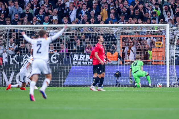 October 6, 2026, Soccer, U21 International Match, Germany vs. Georgia, 2027 U21 European Championship Qualifiers, Almstadion Bielefeld, shot on goal, goal—1–0 by Noah Darvich (U21 GER 17). DFB regulations prohibit any use of photographs as image sequences and or quasi-video. North Rhine-Westphalia, Germany
