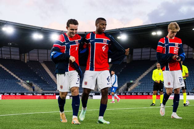 October 6, 2026: Edvin Austbo and Tobias Saliou Moi of Norway ahead of the UEFA European Under-21 Qualifier soccer match between Norway and Israel on October 6, 2026 in Stavanger. Photo by Marius Simensen, BILDBYRAN COP 238. bbeng em qualification soccer football Israel Norway U21 UEFA Euro Under-21 Qualifiers  Copyright: MARIUSxSIMENSEN BB261006BB641