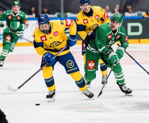 October 6, 2026: Lars Steiner of Davos and Lubos Horky of Rögle during the CHL game between Rögle and Davos on October 6, 2026 in Ängelholm. Photo by Niclas Jönsson, BILDBYRAN COP 273 NO0449. ice hockey, CHL, Champions Hockey League, Rögle, Davos, Rögle BBENG, ice hockey, CHL, Champions Hockey League, Rögle, Davos, Rögle BBENG  Copyright: NICLASxJÖNSSON BB261006NO033