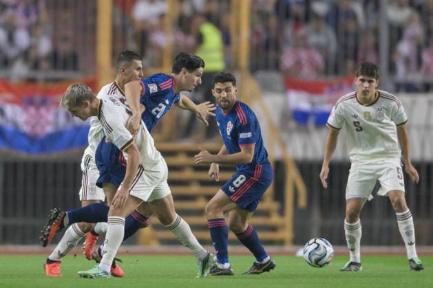 Croatia v Spain - UEFA Nations League 2026 27 Group A3 MD4 Dani Olmoof Spain and Igor Matanovic of Croatia battles for the ball during the UEFA Nations League 2026 27 group phase match between Croatia and Spain at Stadion Poljud on October 6, 2026 in Split, Croatia.  IgorxSoban PIXSELL