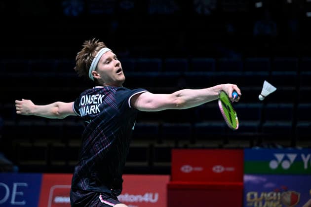 Anders Antonsen of Denmark in action during the badminton Clash of Clans Arctic Open 2026 tournament in Vantaa, Finland, on October 7, 2026. - ANTTI AIMO-KOIVISTO Vantaa Finland G3RxriqRqqA  Copyright: xAnttixAimo-Koivistox G3RxriqRqqA