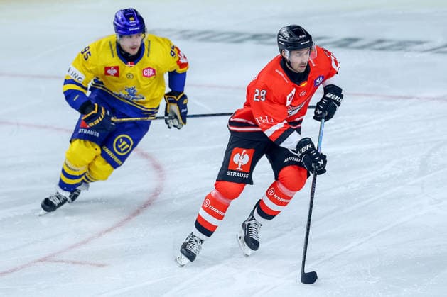 October 7, 2026, Ice Hockey, CHL, Kölner Haie vs. Blue Fox Herning, Champions Hockey League 2026–27, Matchday 5, 2026–27 Season, Lanxess Arena, Cologne; Tim Fleischer of the Kölner Haie 29 in a battle against Artturi Mikael Toivola of Blue Fox Herning 95; North Rhine-Westphalia, Germany