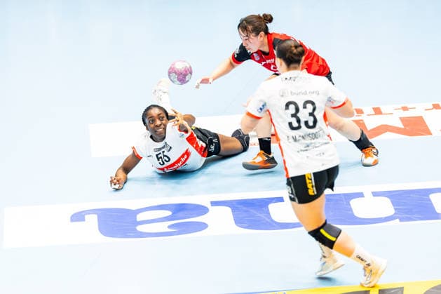 October 7, 2026, GER, Handball, Women, 2026–2027 Season, Alsco 1 Bl, Matchday 5, Thüringer HC vs. HSG Blomberg Lippe, Farrelle Alicia Njinkeu (HSG Blomberg Lippe), Natsuki Aizawa (Thüringer HC), 23, Elin Rosa Magnusdottir, HSG Blomberg Lippe, 99947 Bad Langensalza, Salza, Halle, Mehrz Sports Hall, Thuringia, Germany
