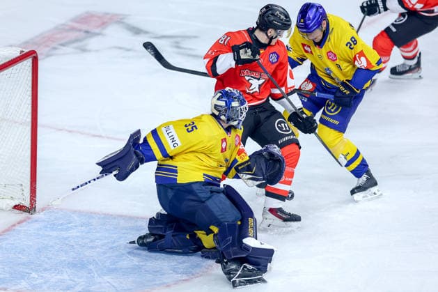 October 7, 2026, Ice Hockey, CHL, Kölner Haie vs. Blue Fox Herning, Champions Hockey League 2026–27, Matchday 5, 2026–27 Season, Lanxess Arena, Cologne; Mateu Späth, Kölner Haie 81, in a battle against Janis Fecers, Blue Fox Herning 35; Emil Lojborg Kristensen, Blue Fox Herning 28; North Rhine-Westphalia, Germany