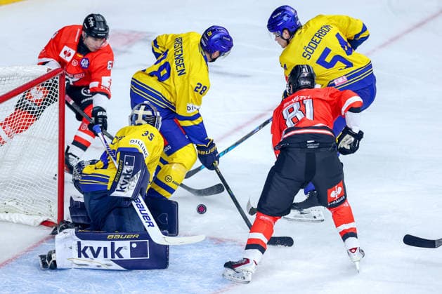 October 7, 2026, Ice Hockey, CHL, Kölner Haie vs. Blue Fox Herning, Champions Hockey League 2026–27, Matchday 5, 2026–27 Season, Lanxess Arena Cologne Mateu Späth Cologne Sharks 81 Markus Ljungh Cologne Sharks 61 in a battle against Janis Fecers Blue Fox Herning 35 Matteus Vilmer Söderbom Blue Fox Herning 54 Emil Lojborg Kristensen Blue Fox Herning 28 North Rhine-Westphalia, Germany