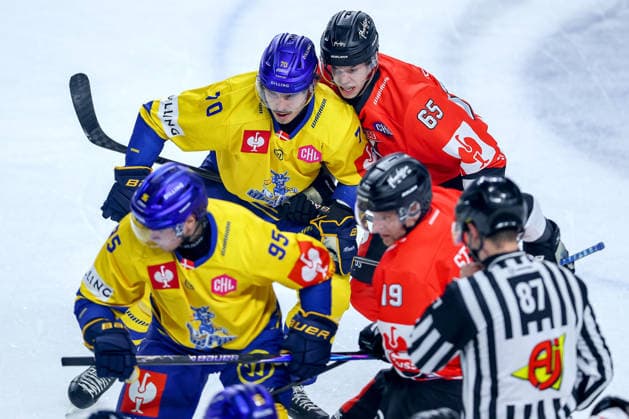 October 7, 2026, Ice Hockey, CHL, Kölner Haie vs. Blue Fox Herning, Champions Hockey League 2026–27, Matchday 5, 2026–27 Season, Lanxess Arena, Cologne; Oliver Enar Kiljunen of Blue Fox Herning (70) in a battle against Marco Münzenberger of the Kölner Haie (65); North Rhine-Westphalia, Germany