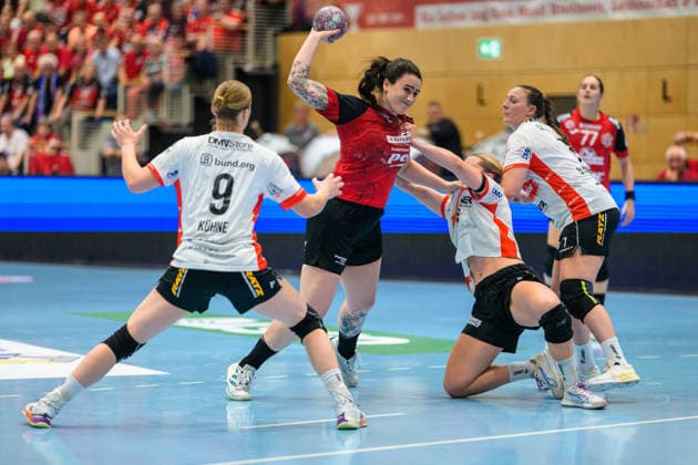 Marcela Arounian, Thueringer HC, 36; Nieke Kuehne, HSG Blomberg Lippe, 09; Maxi Muehlner, HSG Blomberg Lippe, 10; Diana Doegg Magnusdottir, HSG Blomberg Lippe, 07 GER, Thueringer HC vs. HSG Blomberg Lippe, Handball, Alsco Women’s Handball Bundesliga, 2026–2027 season, Matchday 5, Sunday, 7:30 p.m., October 7, 2026 GER, Thuringer HC vs. HSG Blomberg Lippe, Handball, Alsco Women’s Handball Bundesliga, 2026–2027 Season, Matchday 5, Sunday, 7:30 p.m., October 7, 2026, Bad Langensalza Copyright: xMartinxHerbstx