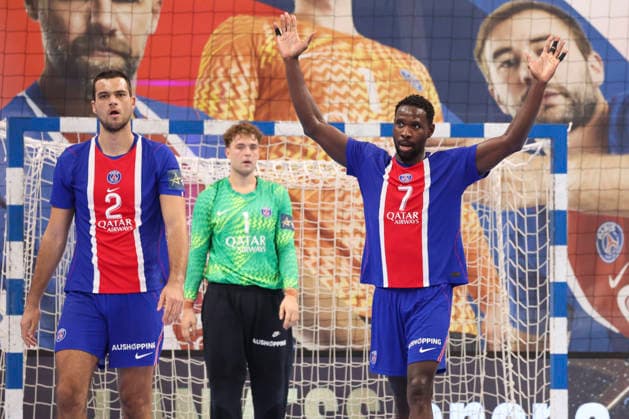 HANDBALL : Paris Saint Germain Vs Celje - Ligue des Champions - 07 10 2026 Mateo Maras (Paris Saint-Germain) - Karl Konan (Paris Saint-Germain) - Mikkel Lovkvist (Paris Saint-Germain) ParisFrance  Copyright: xMichaelxBaucherx