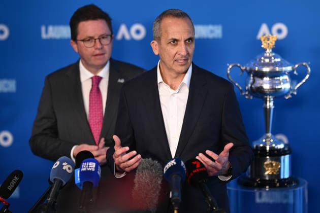 TENNIS AUSTRALIAN OPEN LAUNCH, Victorian Minister for Major Events Anthony Carbines (left) and Tennis Australia CEO Andrew Abdo speak during the launch of the 2027 Australian Open tennis tournament, in Melbourne, Thursday, October 8, 2026. ( NO ARCHIVING MELBOURNE VICTORIA Australia  Copyright: xJOELxCARRETTx 20261008124104457859