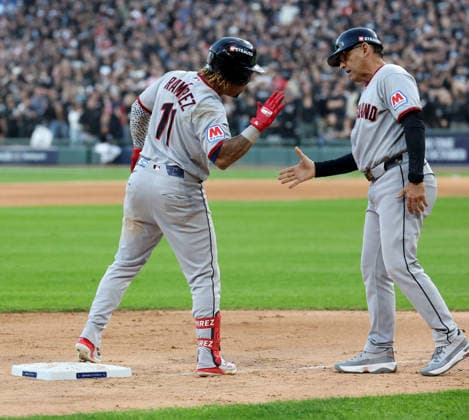 October 7, 2026, Chicago, Il, USA: The Cleveland Guardians Jose Ramirez (11) is congratulated following his two-run triple in the eighth inning against the Chicago White Sox in Game 3 of the American League Division Series at Rate Field on Wednesday, Oct. 7, 2026, in Chicago. Sports News - October 7, 2026  - ZUMAm67_ 0868872922st Copyright: xChrisxSwedax