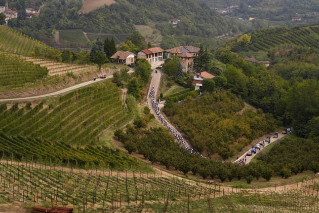 The pack rides during the 110th edition of the Gran Piemonte 2026 a 185 km one day race from Asti to Bra on October 08, 2026, Italy.  Copyright: xFabioxFerrari LaPressex
