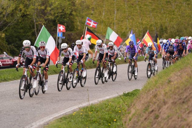 The pack rides during the 110th edition of the Gran Piemonte 2026 a 185 km one day race from Asti to Bra on October 08, 2026, Italy.  Copyright: xFabioxFerrari LaPressex