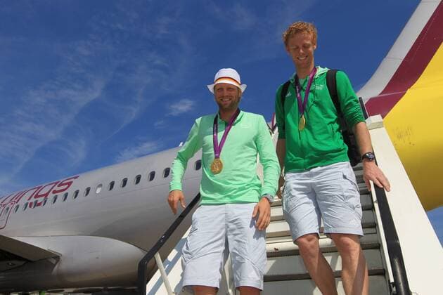 OLYMPIA 2012, Beach volleyball, Olympic champions Brink Reckermann are welcomed at Cologne Bonn airport