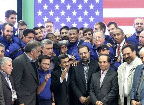 Wrestling, World Cup in Tehran, President Ahmadinejad at the award ceremony with Team USA