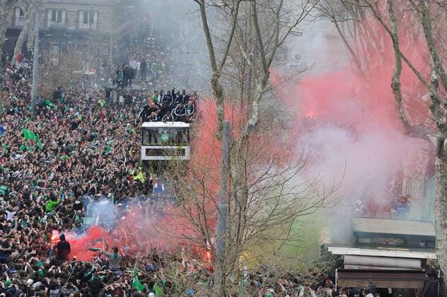 Football, France, AS St. Etienne celebrate winning the Coupe de la Ligue