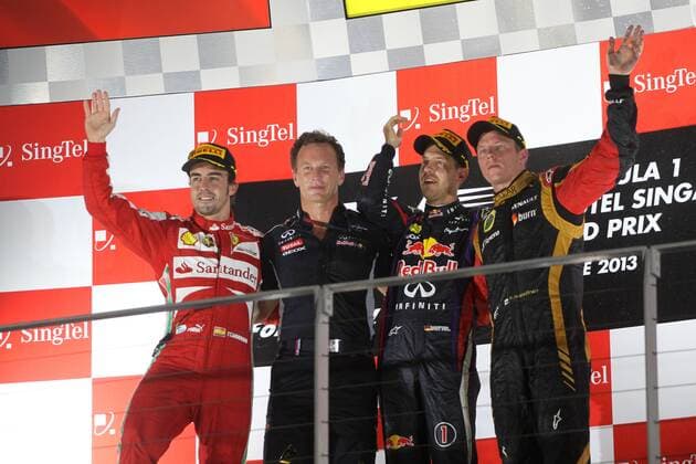 Motorsport, Formula 1, Singapore GP, Vettel wins ahead of Alonso and Raikkonen