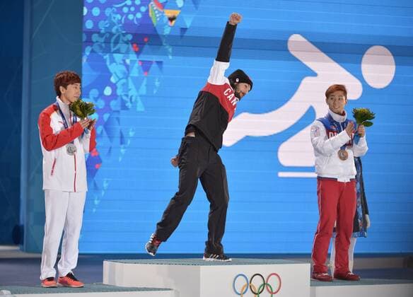 Sochi 2014, Short Track, Men, 1500m, Award Ceremony with Olympic Champion Charles Hamelin