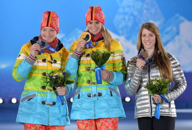 Sochi 2014, Luge, Women, Individual, Award Ceremony with Olympic Champion Geisenberger and Huefner