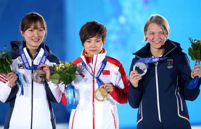 Sochi 2014, Short Track, Women 500 metres, Award Ceremony with Olympic Champion Li Jianrou