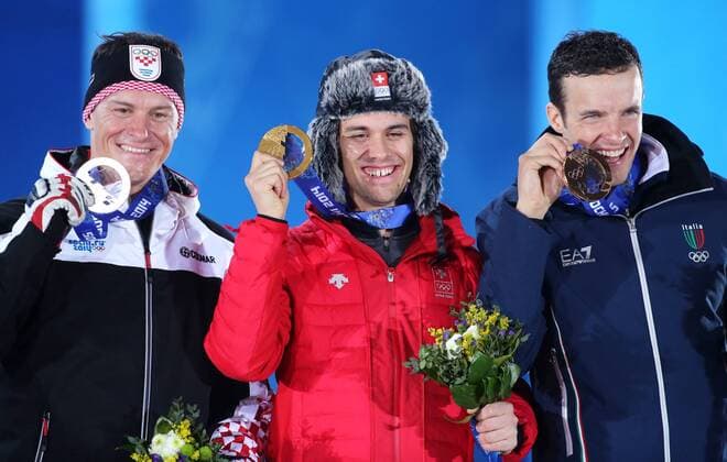 Sochi 2014, Alpine Skiing, Super Combined, Award Ceremony with Olympic Champion Sandro Viletta