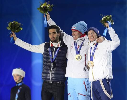 Sochi 2014, Biathlon, Men, Mass Start 15km, Award Ceremony with Olympic Champion Emil Hegle Svendsen