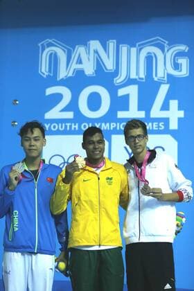 Youth Olympic Games, award ceremony 100m freestyle with winner Santana and Wierling