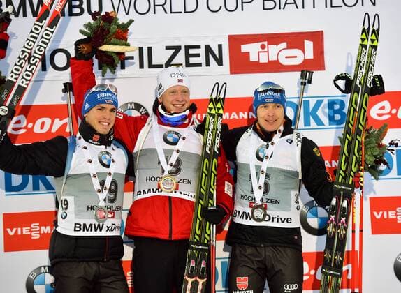 Biathlon, Hochfilzen, 10km Sprint, Award Ceremony with Schempp, Boe and Birnbacher