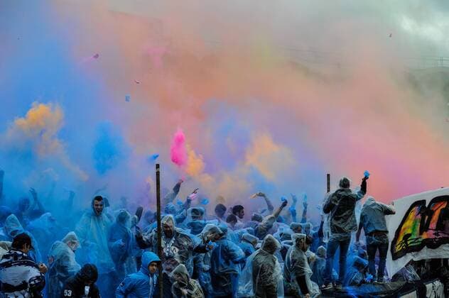 Football, France, Ligue 1, Colour festival in the fan block
